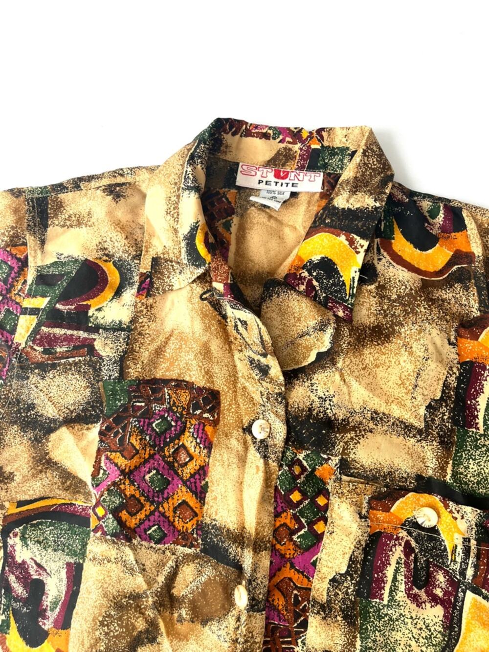 Vintage Printed Silk Shirt Short-Sleeve Button-Down Funky Colorful Pattern Small
